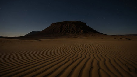 A prominent flat-topped mesa rises from a desert landscape at night, with rippled sand in the foreground and a star-filled sky above.の素材