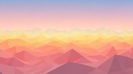 A low poly geometric mountain landscape with a gradient sky transitioning from blue to pink and yellow, depicting a serene sunrise.の素材