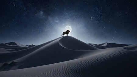 A majestic lion stands silhouetted on a sand dune under a full moon and a vast, starry night sky in a desert landscape.の素材