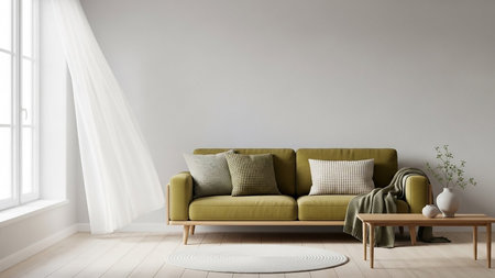 A minimalist living room featuring a lime green sofa with patterned pillows, a wooden coffee table, and sheer white curtains billowing near a window.の素材