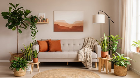 A stylish living room features a light-colored sofa adorned with orange pillows and a knitted throw, surrounded by numerous houseplants and a landscape painting.の素材