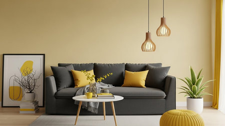 A modern living room features a dark grey sofa with yellow pillows, a white coffee table, framed art, and two wooden pendant lights.の素材