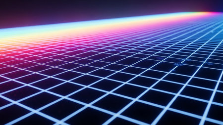 A digital grid stretches into the distance with a vibrant rainbow light streak illuminating the horizon against a dark background.の素材