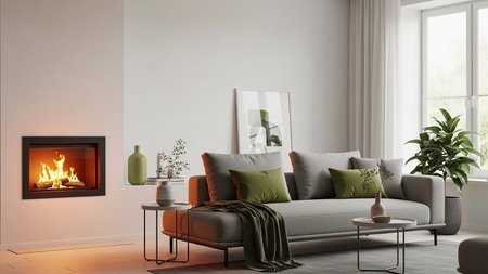 A modern living room features a fireplace with burning logs, a grey sofa with green pillows, and a throw blanket on a side table.の素材