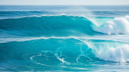 Two powerful turquoise ocean waves are captured mid-break, with white foam and spray against the deep blue sea and horizon.の素材
