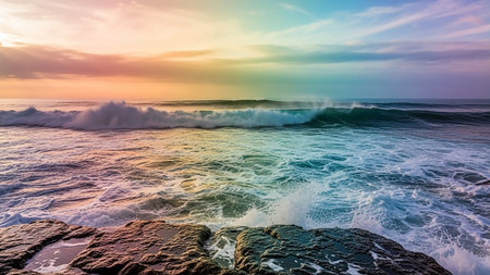 Ocean waves break on a rocky shore under a sky painted with a soft rainbow gradient during sunset, creating a colorful and serene seascape.の素材