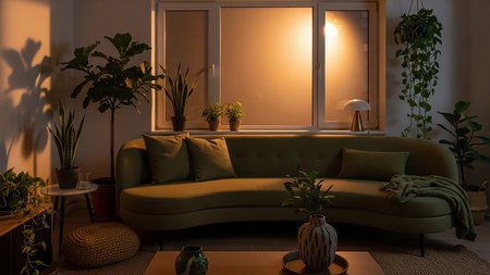 A curved green sofa is the centerpiece of a living room filled with various houseplants, illuminated by warm ambient light from a window and a small lamp.の素材