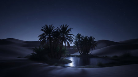 A serene desert oasis at night, featuring palm trees surrounding a still pool of water reflecting the starry sky.の素材