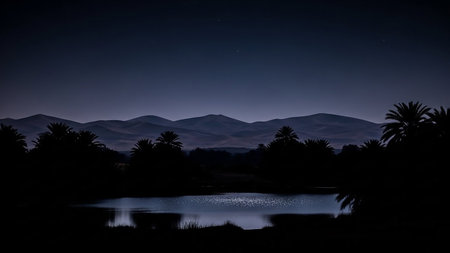 Serene showing oasis in the desert at night with palm trees and mountains in silhouette keywords: desert, oasis, night, water, lake, pond, palm trees, silhouette, mountains, landscape,...の素材
