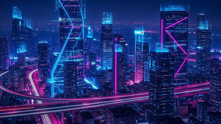A futuristic cityscape at night, dominated by glowing neon skyscrapers and illuminated roads with streaks of light from moving vehicles.の素材