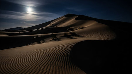 Undulating desert sand dunes with intricate ripple textures are cast in dramatic shadows under the moonlight.の素材