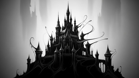 A dark, gothic castle silhouette with swirling smoke-like tendrils rises ominously against a moody, grayscale sky.の素材