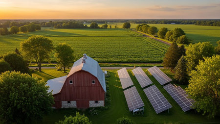 An aerial view of a red barn and solar panels situated in a vibrant green agricultural landscape during a warm sunset.の素材