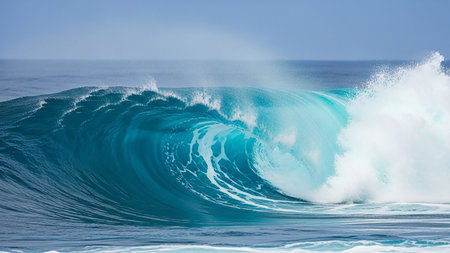 A large, powerful ocean wave is captured mid-break, showcasing its translucent turquoise water and frothy white foam against a clear blue sky.の素材