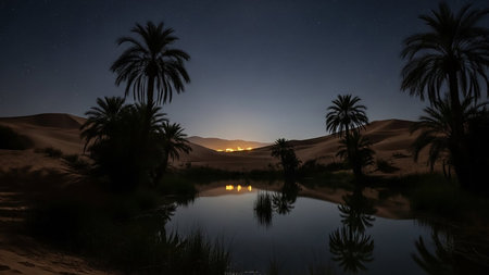 A tranquil desert oasis at night, with silhouetted palm trees reflected in the still water under a clear, starry sky.の素材