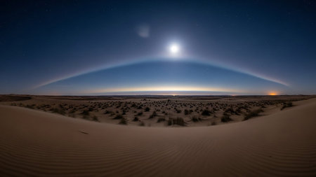 A wide panoramic view of a desert landscape at night, featuring a bright full moon, stars, and a prominent atmospheric halo effect.の素材