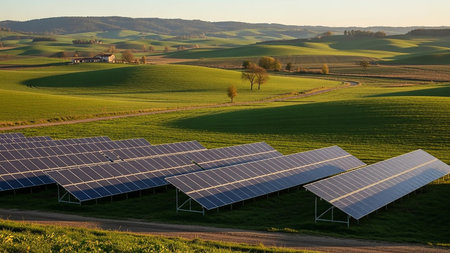 A solar panel array is set up in the foreground of rolling green hills, with a distant farmhouse and trees under a bright sky.の素材