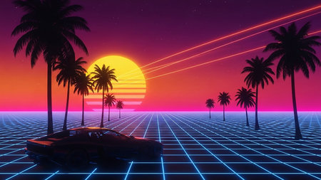 A retro-futuristic 80s synthwave scene features a sports car on a neon blue digital grid, silhouetted palm trees, and a vibrant gradient sunset with a large sun.の素材