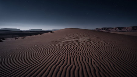 Detailed view of rippled sand dunes under a starry night sky with distant mesas and canyons, highlighting the texture of the sand.の素材