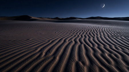 Intricate ripples pattern the sand dunes of a desert at night, with a slender crescent moon visible in the deep dark sky.の素材