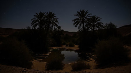 Palm trees surround a small, reflective pool of water in a desert oasis under a dark, starry night sky.の素材