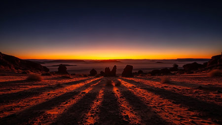 Desert showing desert landscape at sunrise with dramatic orange and yellow sky and long shadows keywords: desert, sunrise, dawn, sun, sky, orange, yellow, horizon, landscape, rock...の素材