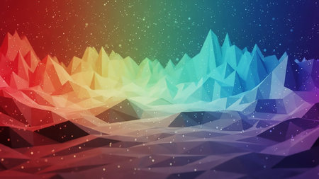 An abstract, colorful polygonal landscape with sharp peaks is illuminated by a rainbow spectrum and sprinkled with glittering particles.の素材