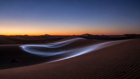 A luminous blue light trail flows across the rippled surface of desert sand dunes during the soft twilight hours.の素材