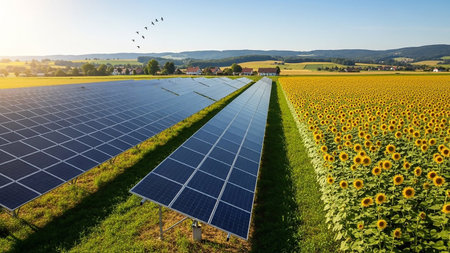 An aerial view of parallel rows of solar panels next to a vibrant field of blooming sunflowers under a clear blue sky with birds flying.の素材