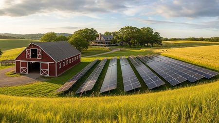 A picturesque rural landscape at sunset features a red barn and a row of solar panels situated on a green lawn, with a large house and mature trees in the background.の素材