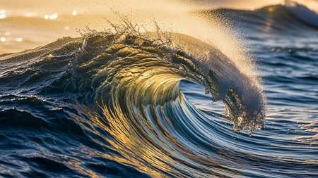 A powerful ocean wave is captured mid-crash, with golden sunlight illuminating the water spray and foam against the dark blue sea.の素材