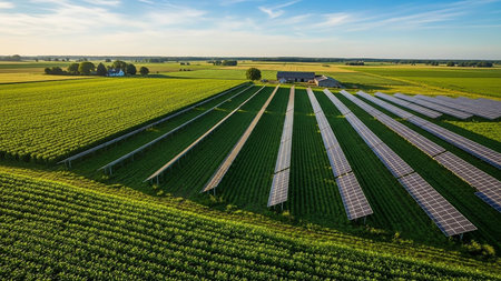 Rows of solar panels are neatly arranged within a vibrant green agricultural field, with farm buildings visible in the distance under a clear blue sky.の素材