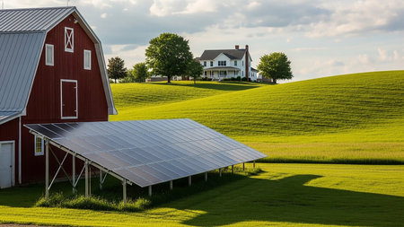 A rural landscape features a red barn and a white farmhouse on rolling green hills, with a solar panel array in the foreground under a partly cloudy sky.の素材