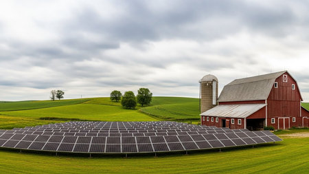 A traditional red barn and silo stand in a rural landscape, with a large array of solar panels in the foreground and green fields stretching behind.の素材