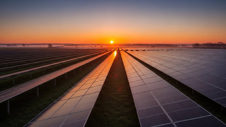 Rows of solar panels stretch towards the horizon, reflecting the vibrant orange and yellow hues of a setting or rising sun.の素材