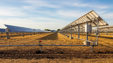 Rows of solar panels are installed in a dry, harvested field, with a visible irrigation system of pipes and valves in the foreground.の素材