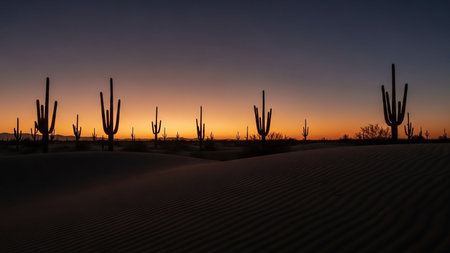 Silhouetted saguaro cacti stand tall on rippled sand dunes against a vibrant orange and purple desert sunset sky.の素材