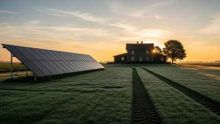 A rural farmhouse and a large solar panel array are silhouetted against a golden sunrise, with a dew-covered field and tire tracks in the foreground.の素材