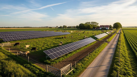 A rural landscape features rows of solar panels in a grassy field where sheep and cows graze, with a farm and crops in the background.の素材