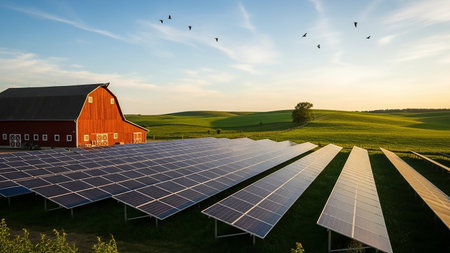 A rural landscape featuring a red barn and a large array of solar panels in the foreground, with rolling green hills and a blue sky with birds in the background.の素材