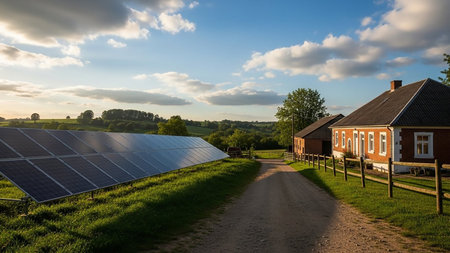 A rural landscape featuring a farmhouse, a fence, and a dirt road, with a large array of solar panels in the foreground under a sunset sky with clouds.の素材