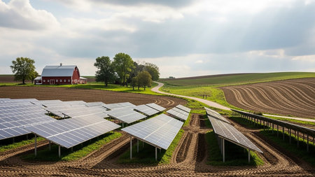 A rural landscape featuring a red barn and rows of solar panels in a cultivated field under a partly cloudy sky with sunlight breaking through.の素材