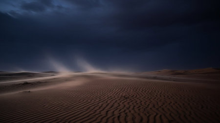 A sandstorm sweeps across desert dunes under a dark, ominous, and cloudy sky, creating visible wind-blown sand.の素材