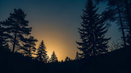 Silhouetted pine trees stand against a dark blue dusk sky illuminated by a warm orange glow on the horizon.の素材