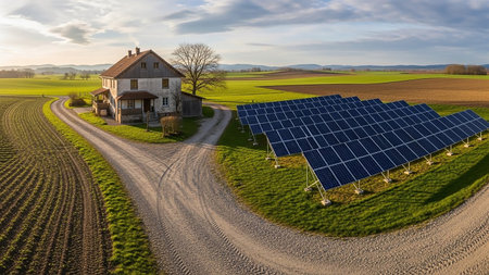 A rural farm with a house is surrounded by green fields and features an extensive array of solar panels on a sunny day.の素材