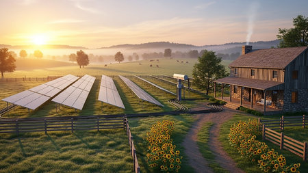 A rustic farmhouse is surrounded by a solar panel array, a sunflower field, and grazing cows at sunrise with misty hills.の素材