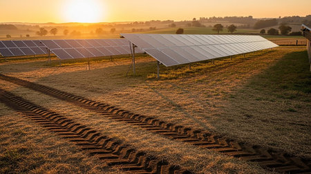 Solar panels are bathed in the warm light of sunrise, with prominent tractor tire tracks in the foreground of a dry, grassy field.の素材