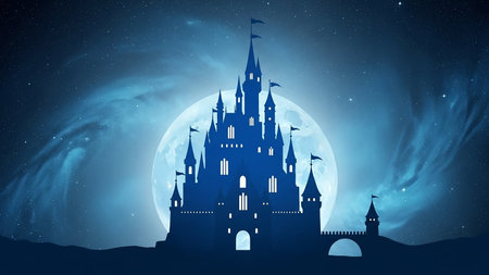 A dark blue silhouette of a grand fairytale castle stands prominently against a large, glowing full moon and a starry, cloudy night sky.の素材