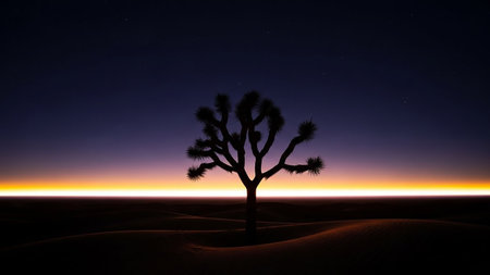 The stark silhouette of a Joshua tree stands against a vibrant gradient of orange, yellow, and purple from a desert sunset.の素材