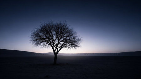 A solitary bare tree stands silhouetted against a gradient twilight sky in a vast and desolate desert landscapeの素材